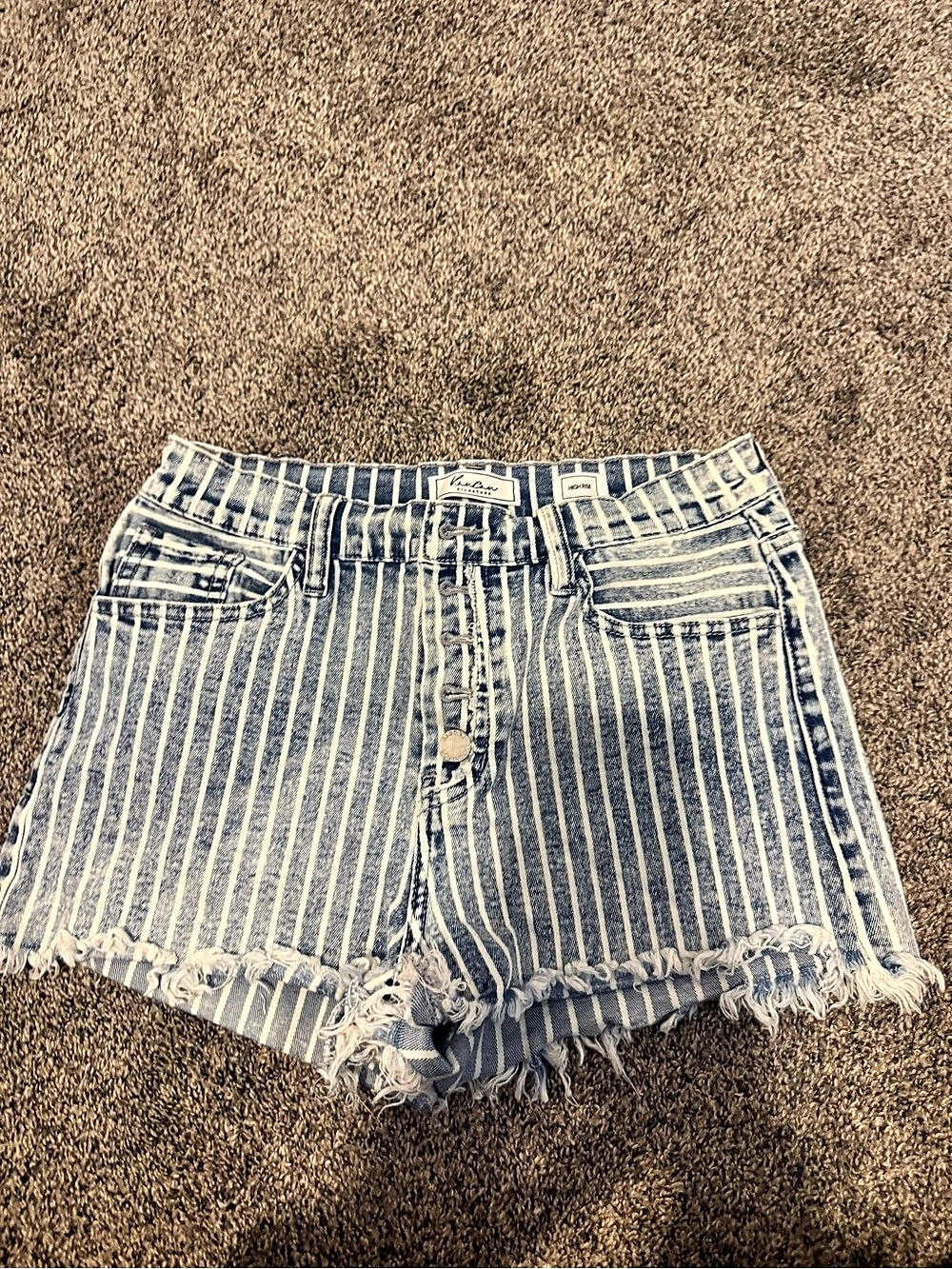 KanCan Sue High Rise Button Up Shorts Striped Jean Shorts in Blue &